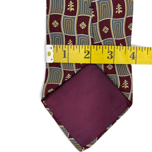 Essex Row Silk Tie Geometric Vintage Burgundy Red Blue Tan - Picture 5 of 6